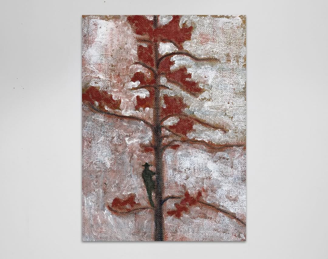 Thinking too much about surface, how it provides rules for a painting. thinking too about trees, nature, transcendentalism, allegory. these are just some small trials on sheets of jute.